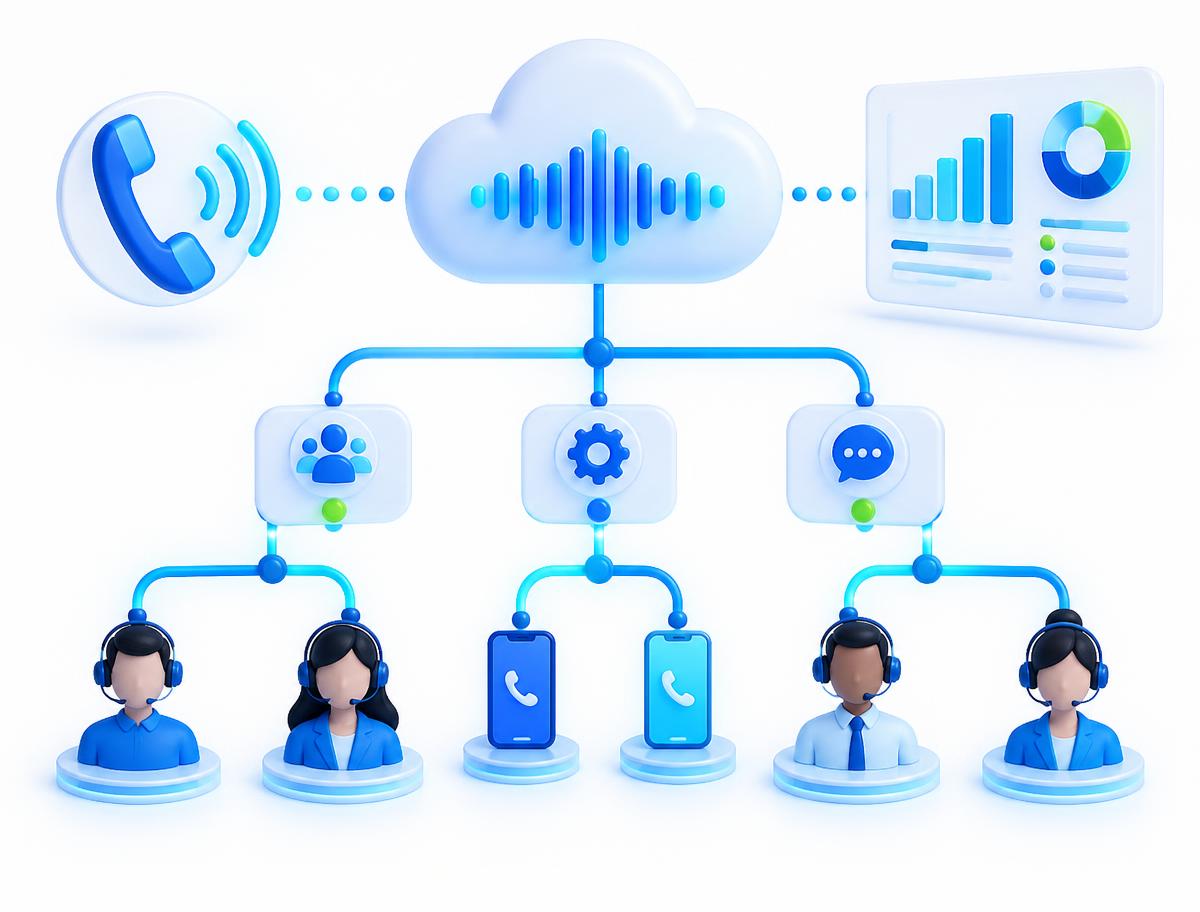 Cloud voice system routing calls through IVR to customers and support agents