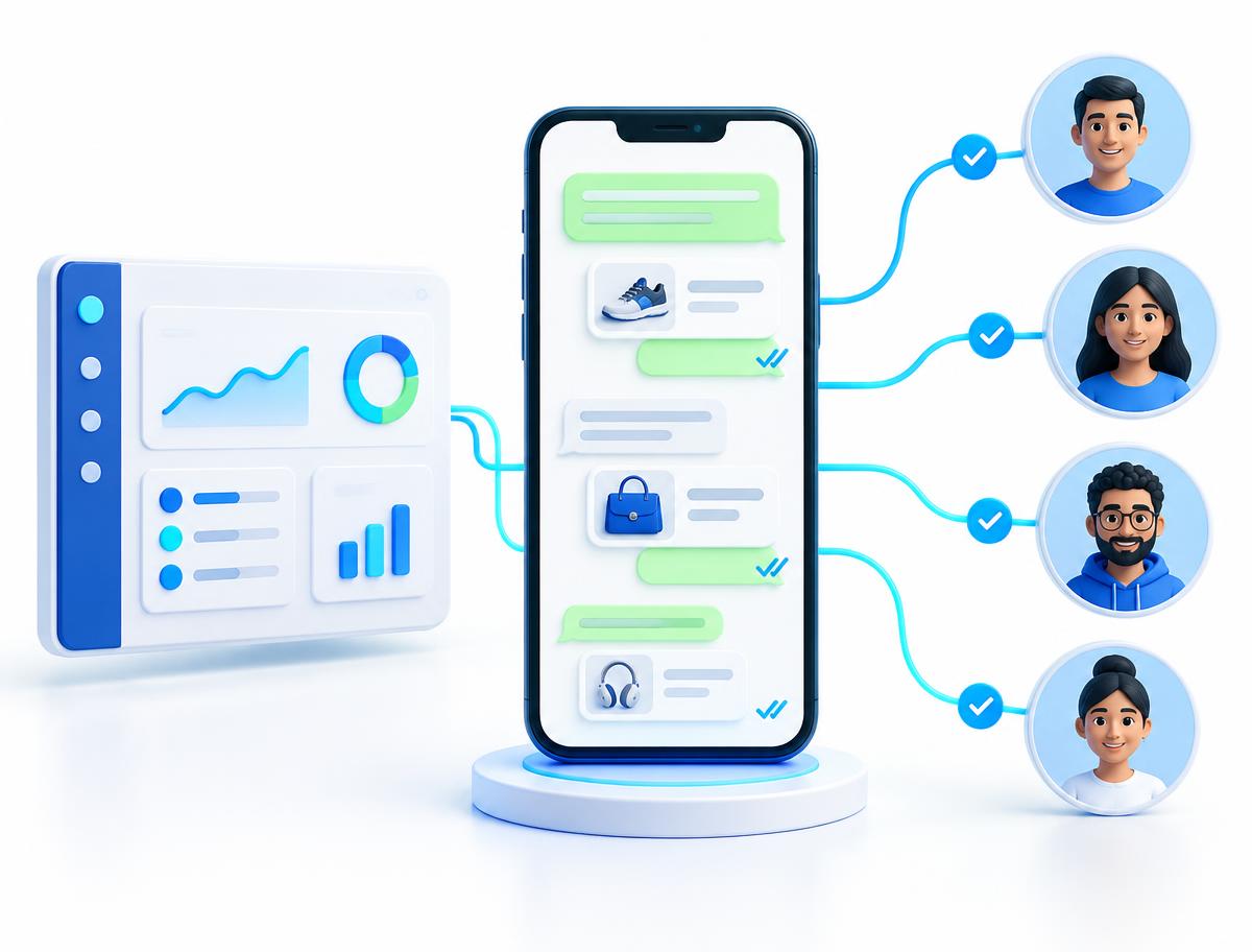 Business messages flowing from a campaign dashboard to customers on WhatsApp